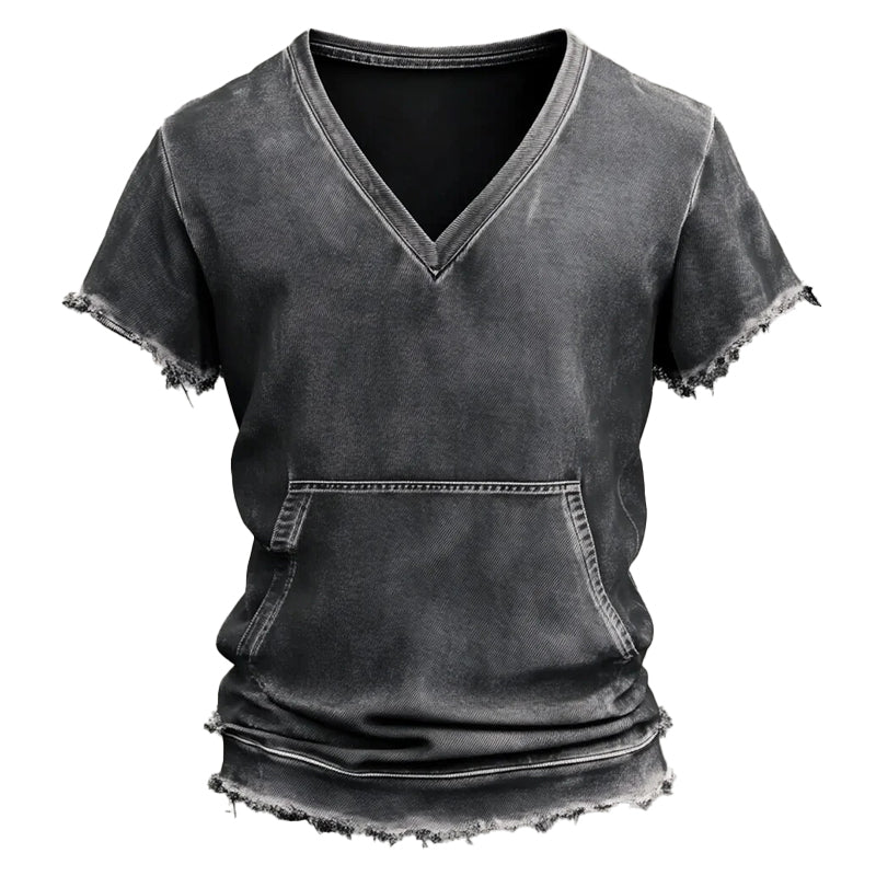 Men's V Neck Short Sleeve Kangaroo Pocket Raw Edge Denim T-Shirt 9951402131640