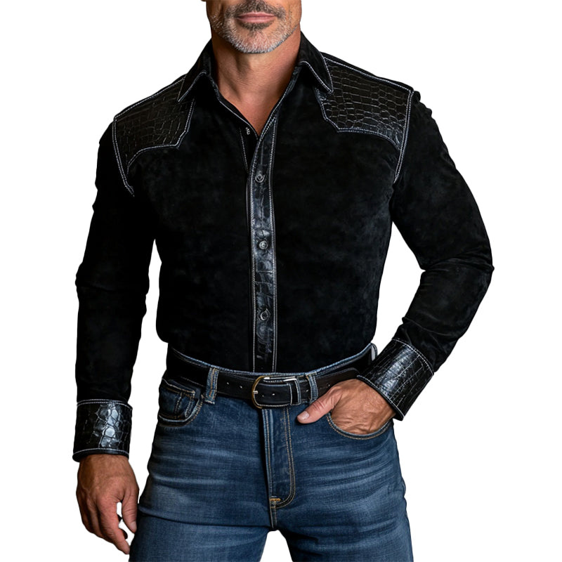 Men's PU Crocodile Pattern Patchwork Suede Button Long Sleeve Shirt 9913235833016