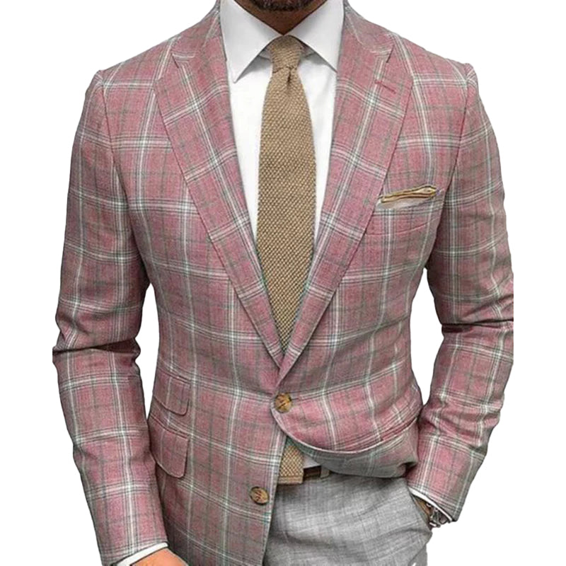 Business Plaid Lapel Collar Two Buttons Long Sleeve Blazer 9888555925688