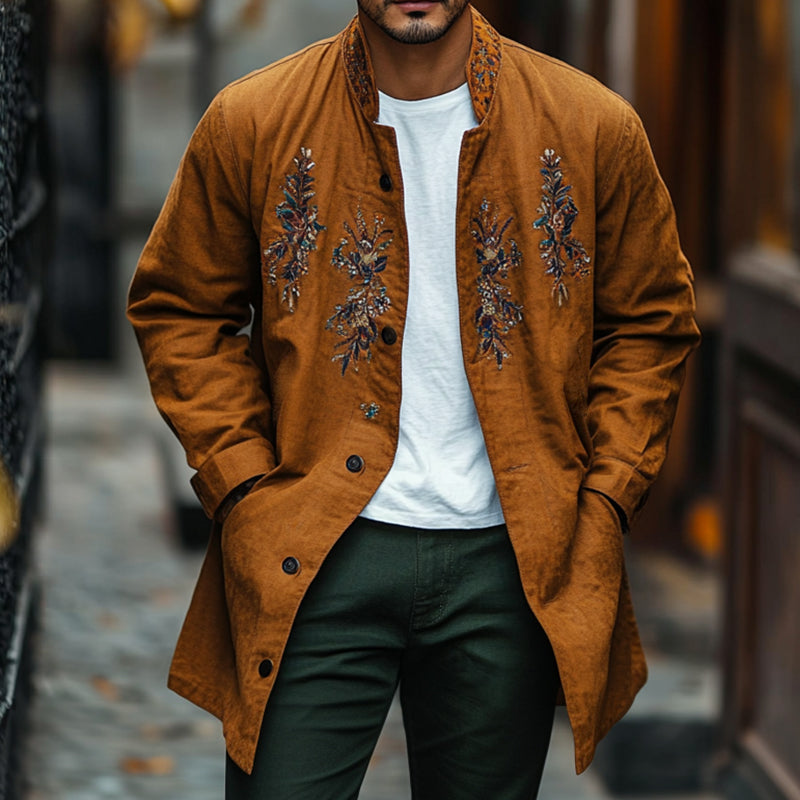 Men's Vintage Casual Embroidered Linen Stand Collar Single Breasted Jacket 9901325549752