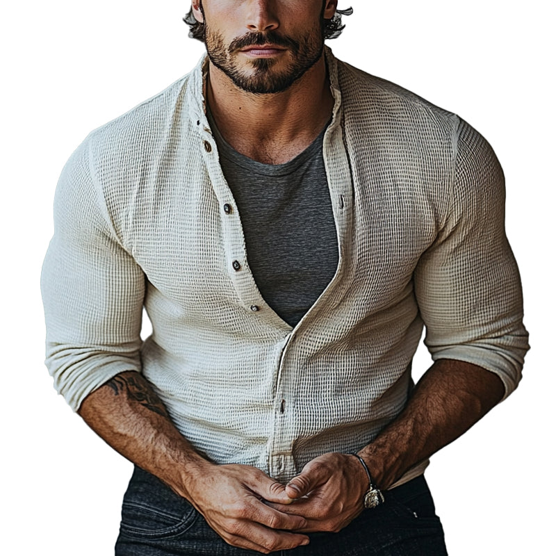 Men's Waffle Collar Long Sleeve Shirt 9918989893816