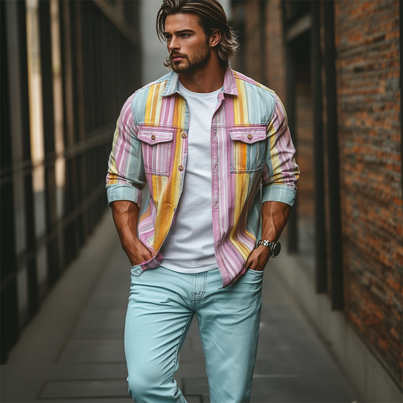 Men's Stylish Casual Contrast Color Vertical Striped Long Sleeve Shirt 9903260827832