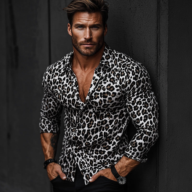Men's Casual Vintage Leopard Print Long Sleeve Shirt 9892386341048