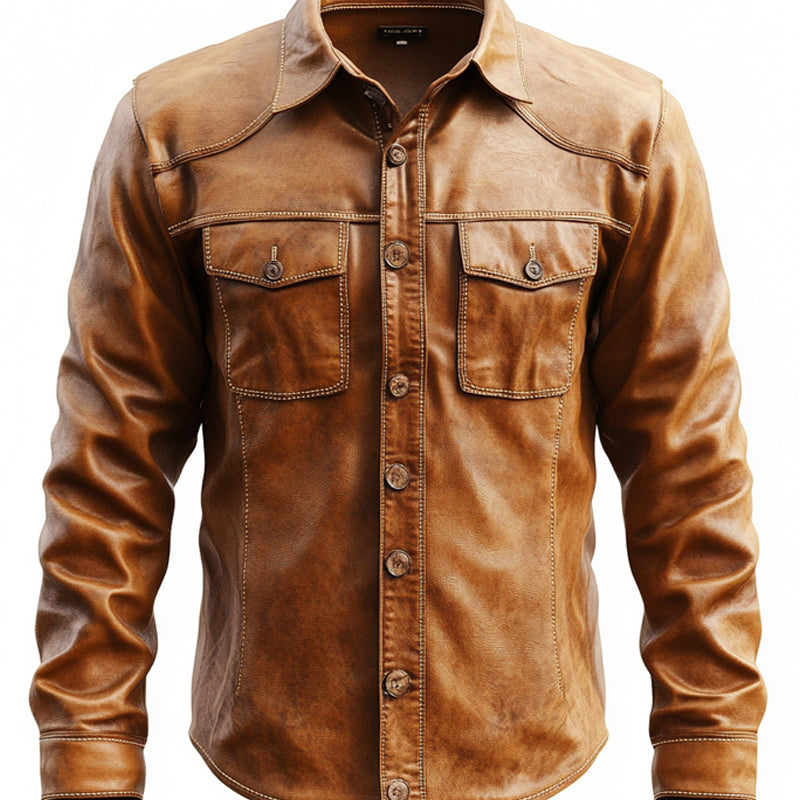 Men's Vintage Slim Fit Button-Down Leather Shirt 9891528048824