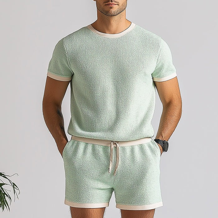 Men's Thin Woven Short Sleeve Top And Shorts Two-Piece Set 9956146610360