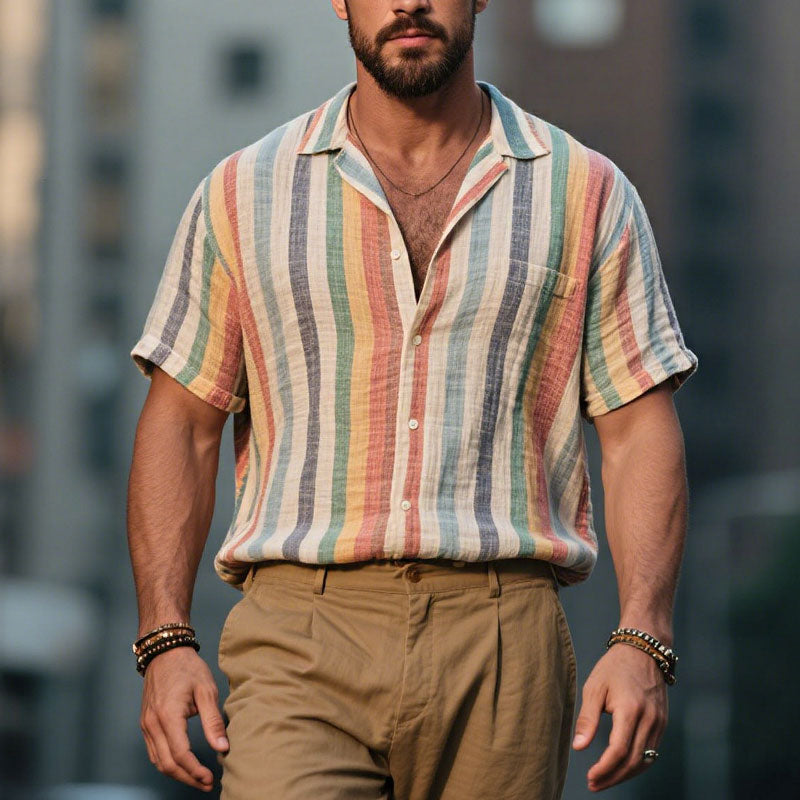 Men's Colorful Striped Short Sleeve Summer Cotton Linen Shirt 250600689