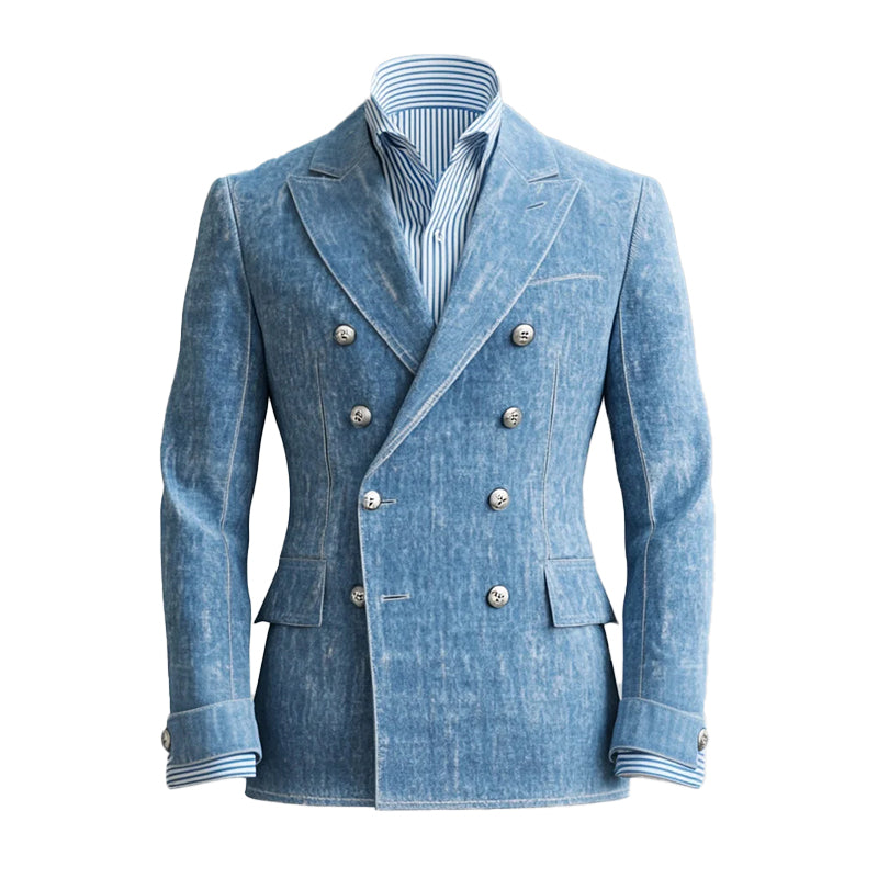Men's Peak Lapel Metal Double Breasted Long Sleeve Denim Blazer 9917069623480
