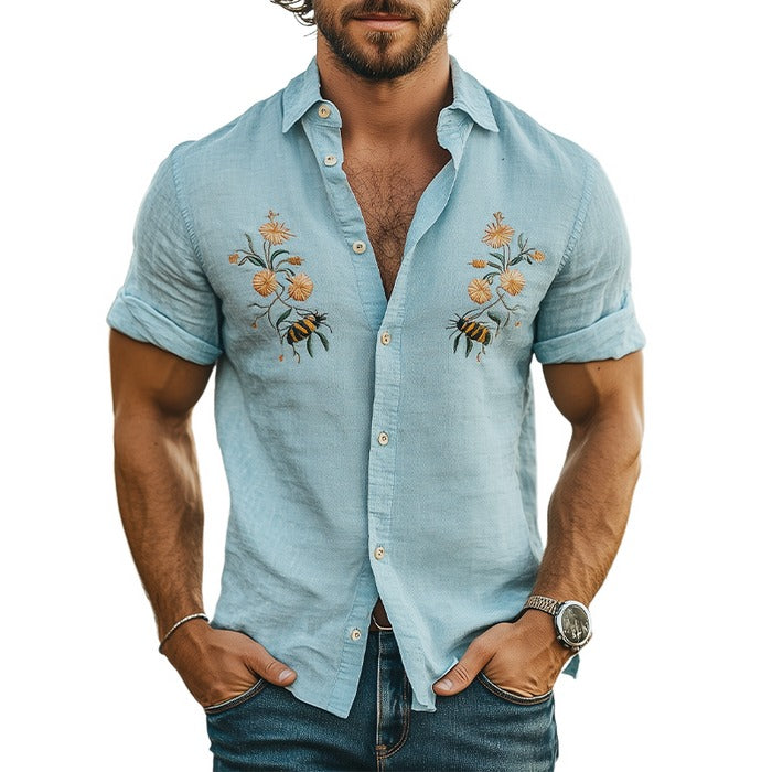 Men's Animal and Flower Embroidered Casual Cotton and Linen Short Sleeve Shirt 9956142678200