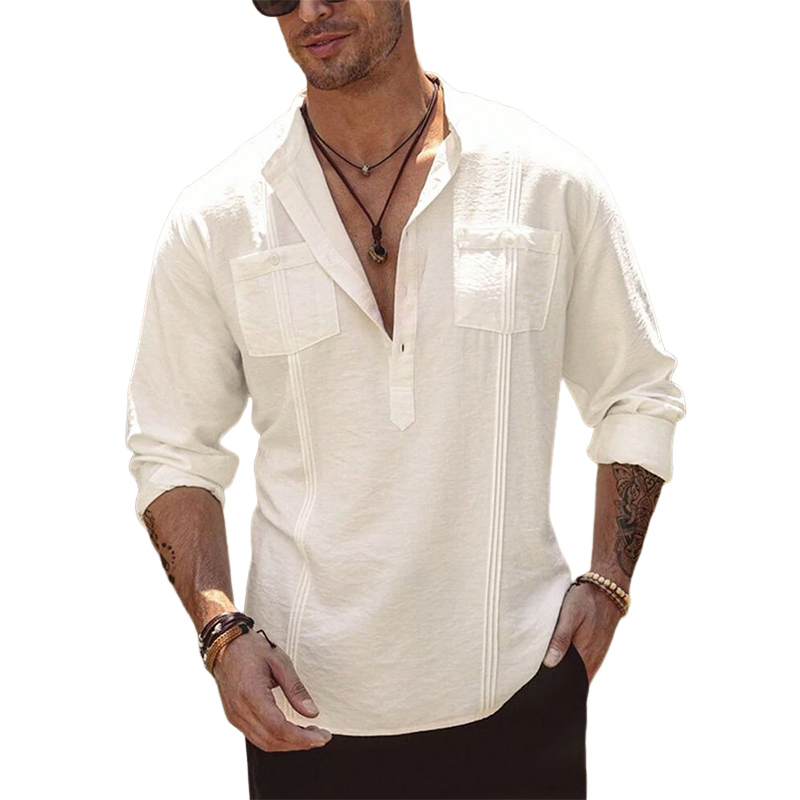 Men's Casual Ice Silk Crinkled Button Collar Long Sleeve T-Shirt 9899720638648