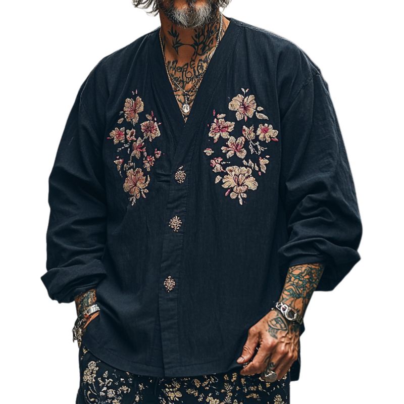 Men's Casual Vintage V-neck Cotton Blend Embroidered Long-sleeved T-shirt 9912945934520
