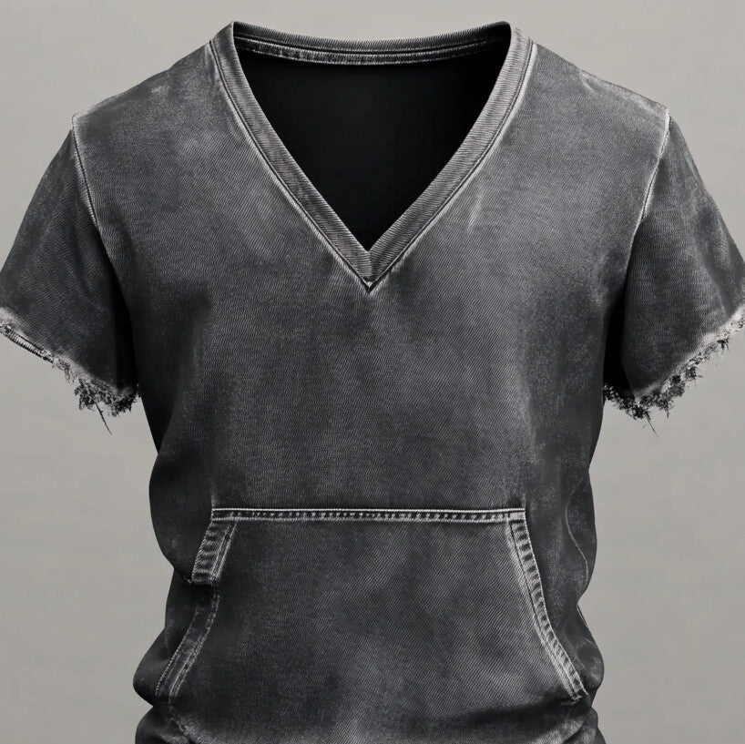 Men's V Neck Short Sleeve Kangaroo Pocket Raw Edge Denim T-Shirt 9951402131640