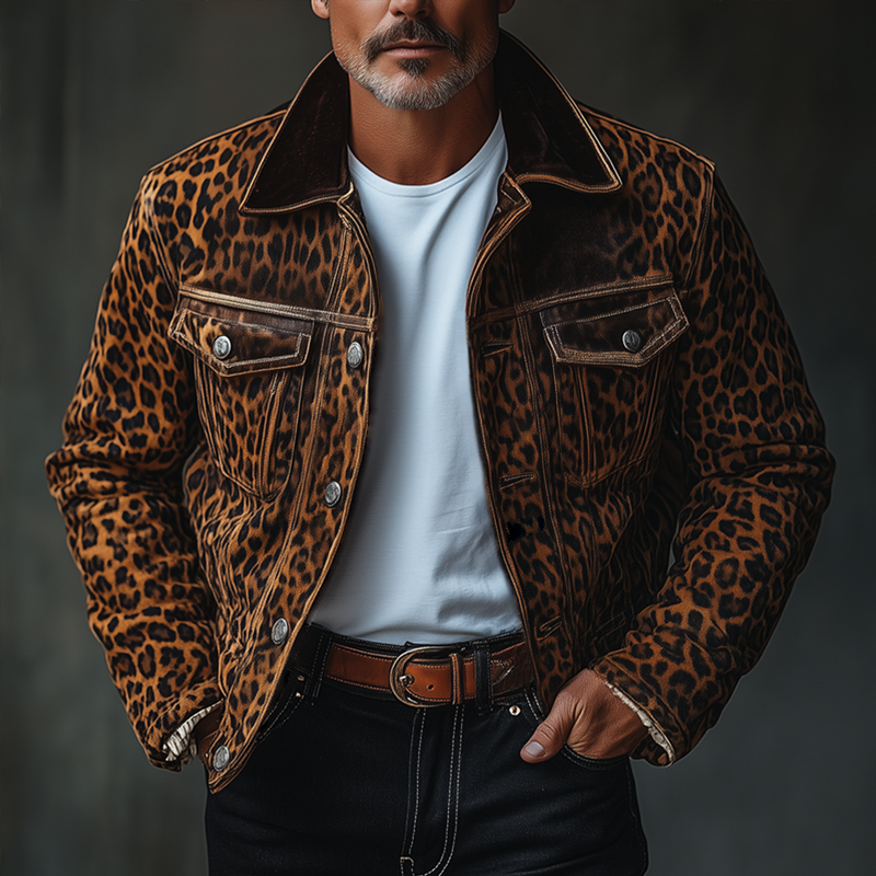 Men's Fashion Leopard Suede Lapel Chest Pocket Single Breasted Cargo Jacket 9261078905016