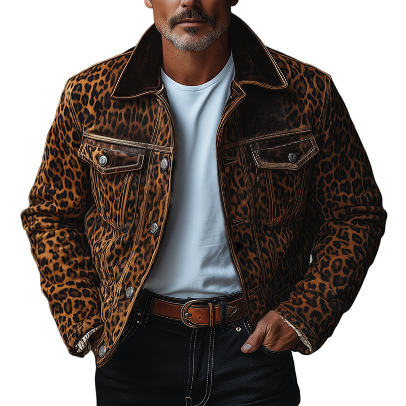 Men's Fashion Leopard Suede Lapel Chest Pocket Single Breasted Cargo Jacket 9261078905016
