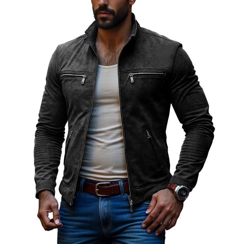 Men's Classic Casual Slim Fit Zipper Multi-Pocket Stand Collar Suede Jacket 9261089063096