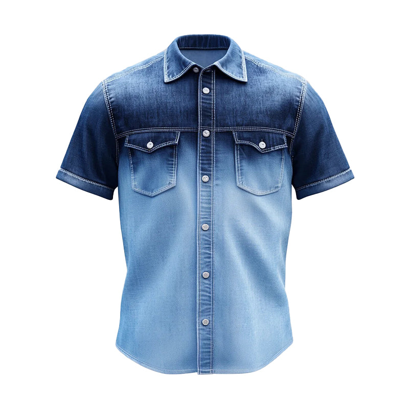 Men's Casual Chest Pocket Ombre Pattern Short Sleeve Denim Shirt 9913234849976