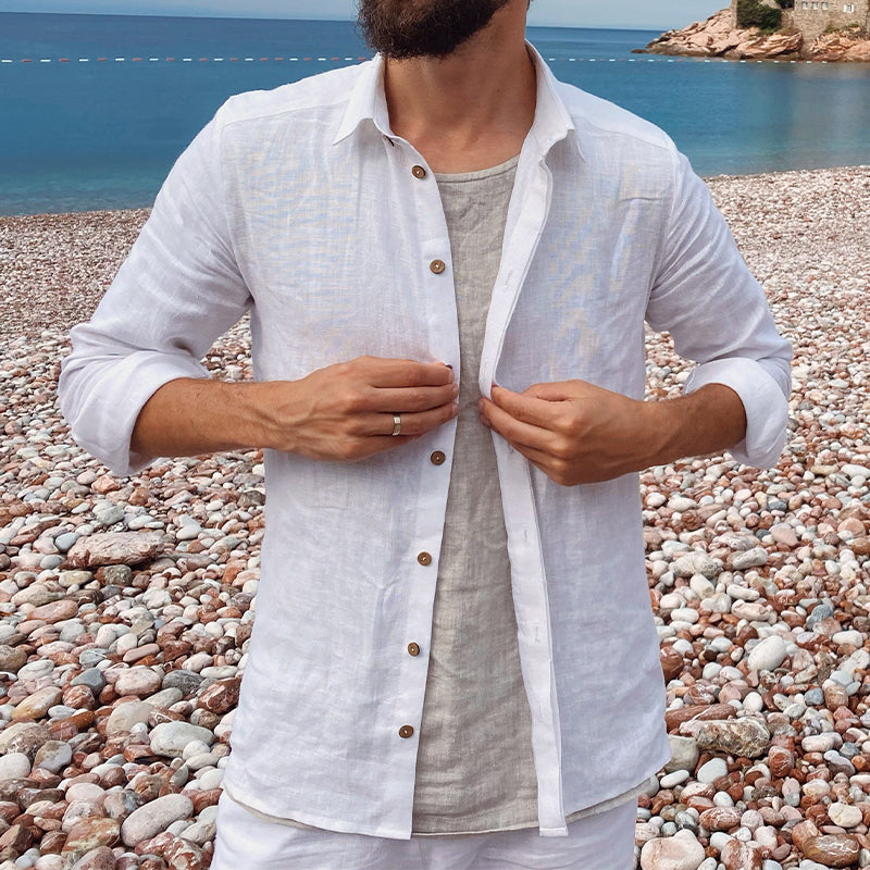 Men's Cotton and Linen Casual Lapel Long-sleeved Shirt 9893975785656