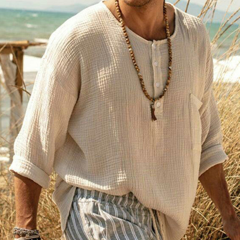 Men's Casual Breathable Round Neck Four-button Long-sleeved T-shirt 9901327122616