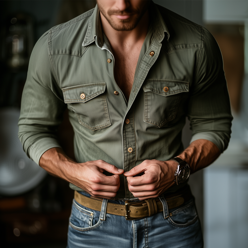 Men's Retro Western Style Lapel Long Sleeve Denim Shirt 9903250636984