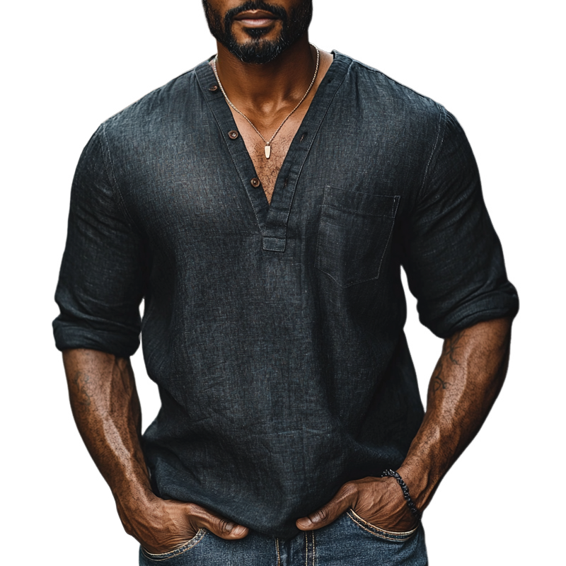Men's Solid Color Cotton And Linen V Neck Long Sleeve Casual Shirt 9903260172472