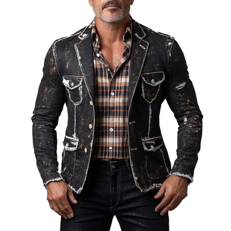 Men's Notch Lapel Single Breasted Distressed Denim Raw Edge Safari Jacket 9899608277176