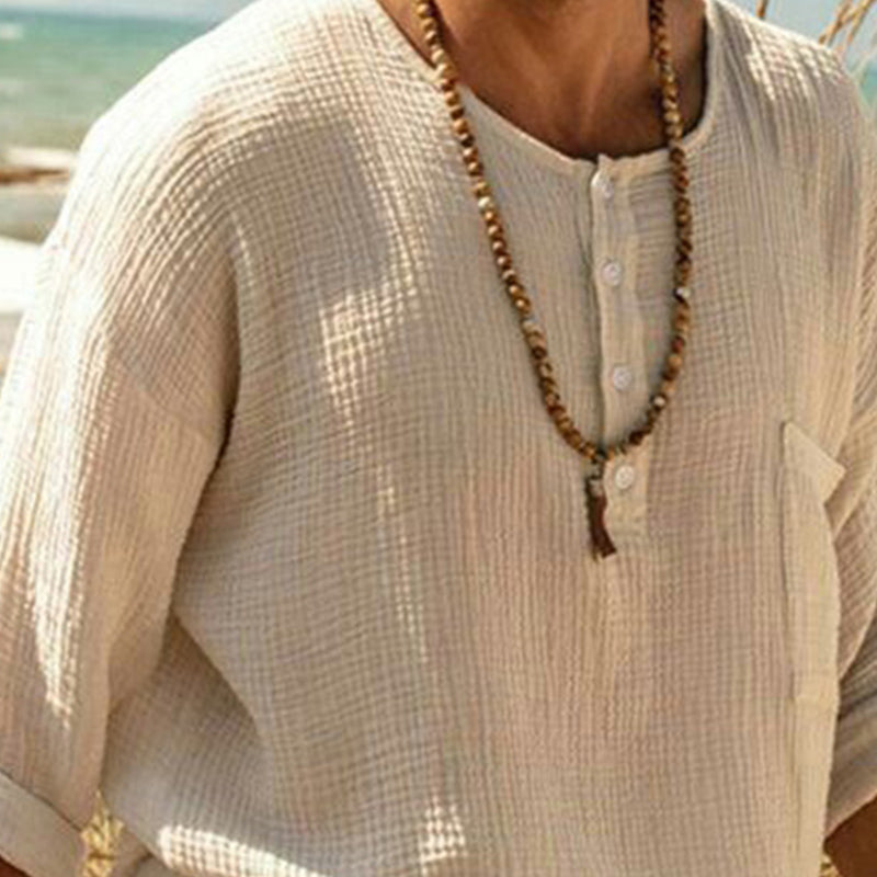 Men's Casual Breathable Round Neck Four-button Long-sleeved T-shirt 9901327122616