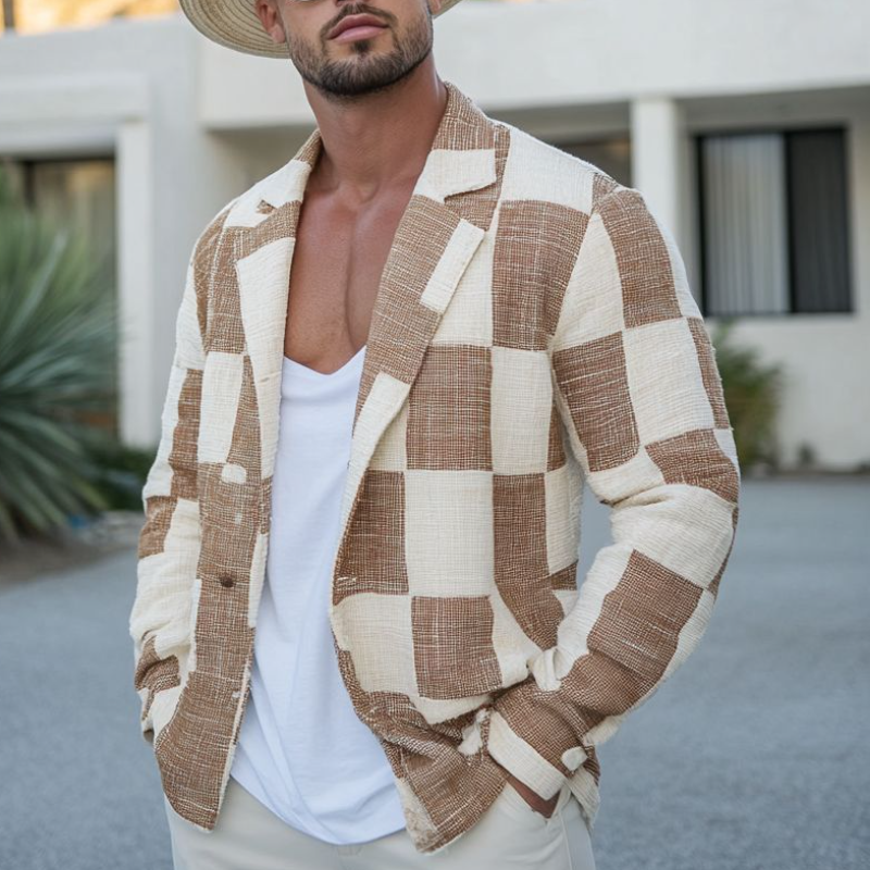 Men's Fashion Plaid Cotton and Linen Lapel Single Breasted Blazer 9893974442168