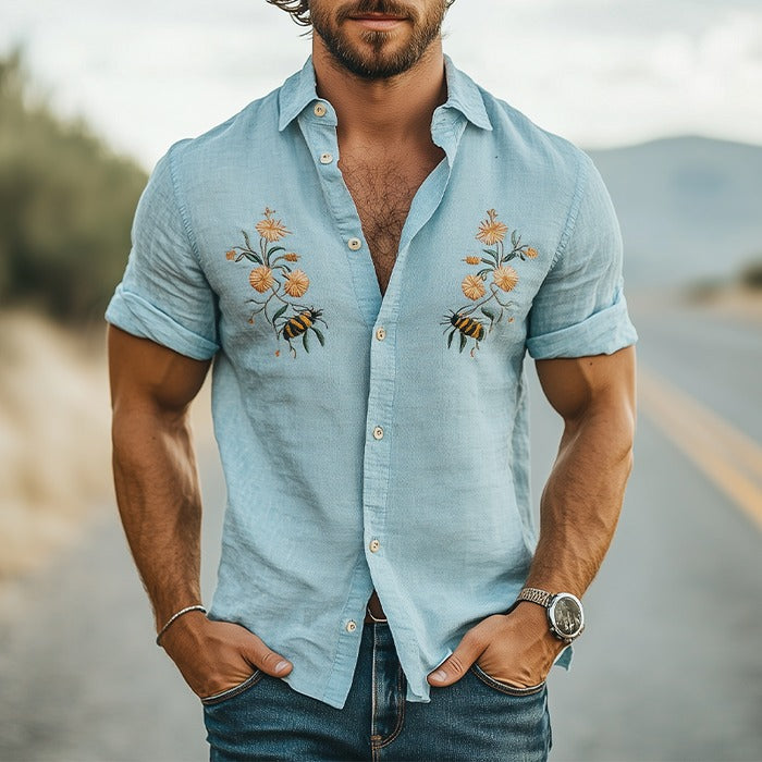 Men's Animal and Flower Embroidered Casual Cotton and Linen Short Sleeve Shirt 9956142678200