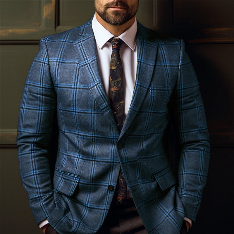 Men's Business Casual Plaid Lapel Collar Two Button Chest Pocket Blazer 9888555270328