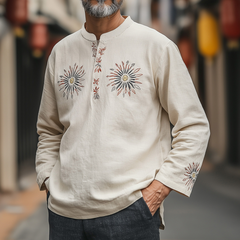 Men's Vintage Casual Cotton and Linen Blended Embroidered V-Neck Long Sleeve T-Shirt 9911545856184