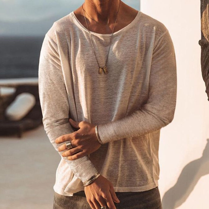 Men's Casual Loose Round Neck Cotton Solid Color Long Sleeve T-shirt 9901327679672