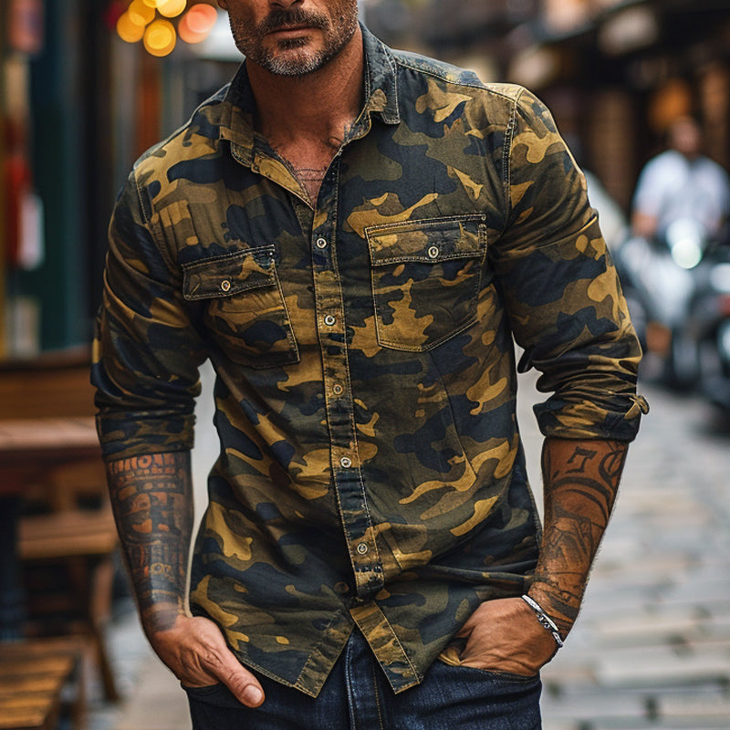 Men's Camouflage Print Lapel Long Sleeve Shirt 9894194839736
