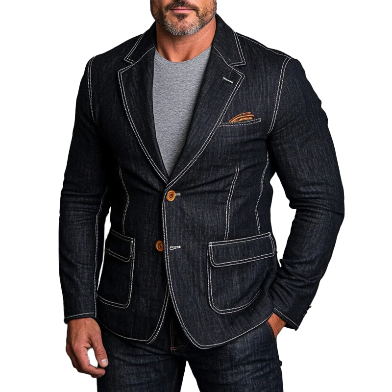 Men's Denim Notched Lapel Two Button Flap Pocket Top Stitch Blazer 9899608342712