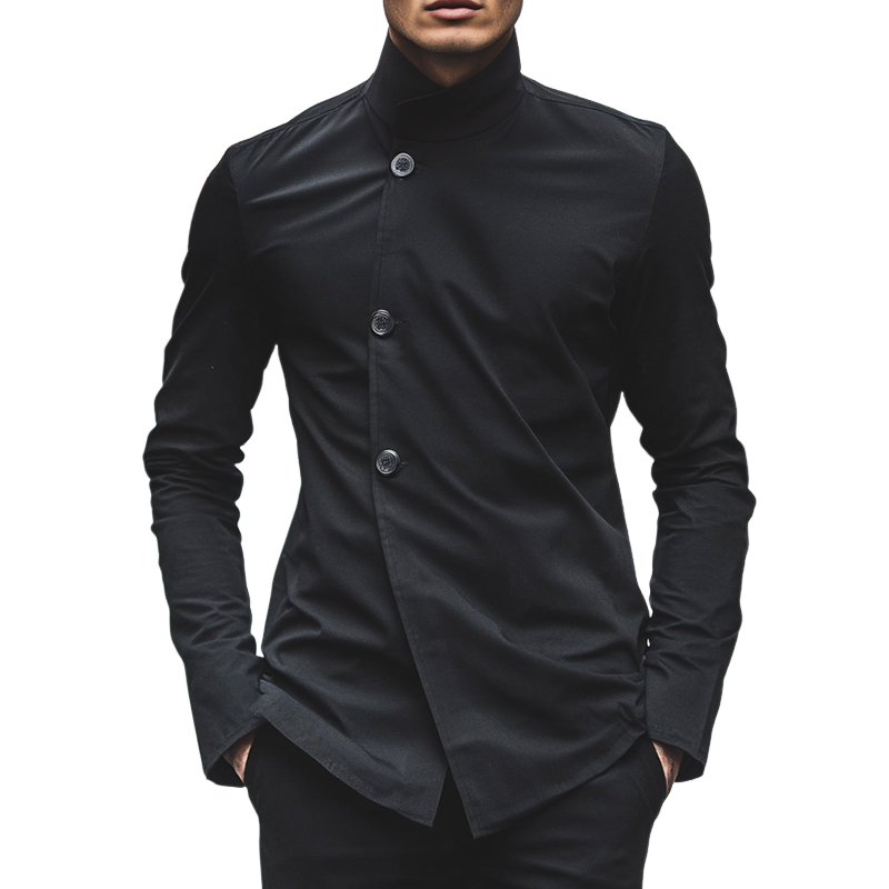 Men's Retro Casual Solid Color Stand Collar Slim Fit Long Sleeve Shirt 9903251030200