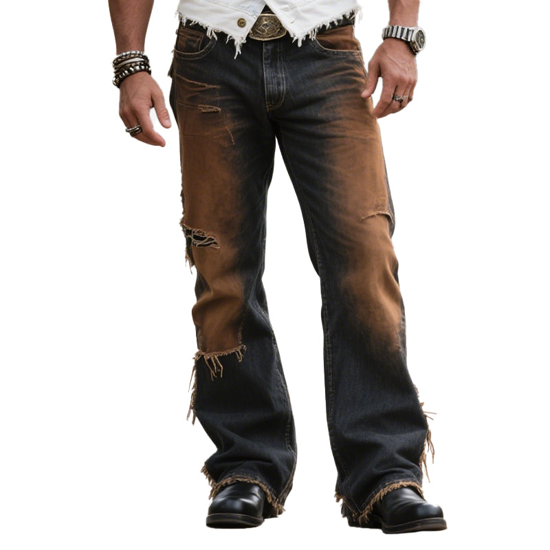 Men's Faded Design Frayed Edges Distressed Flared Leg Jeans 250500576