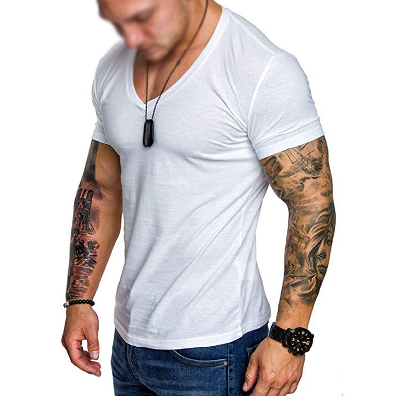 Men's Solid Color V-neck Pullover T-shirt 9907265503416