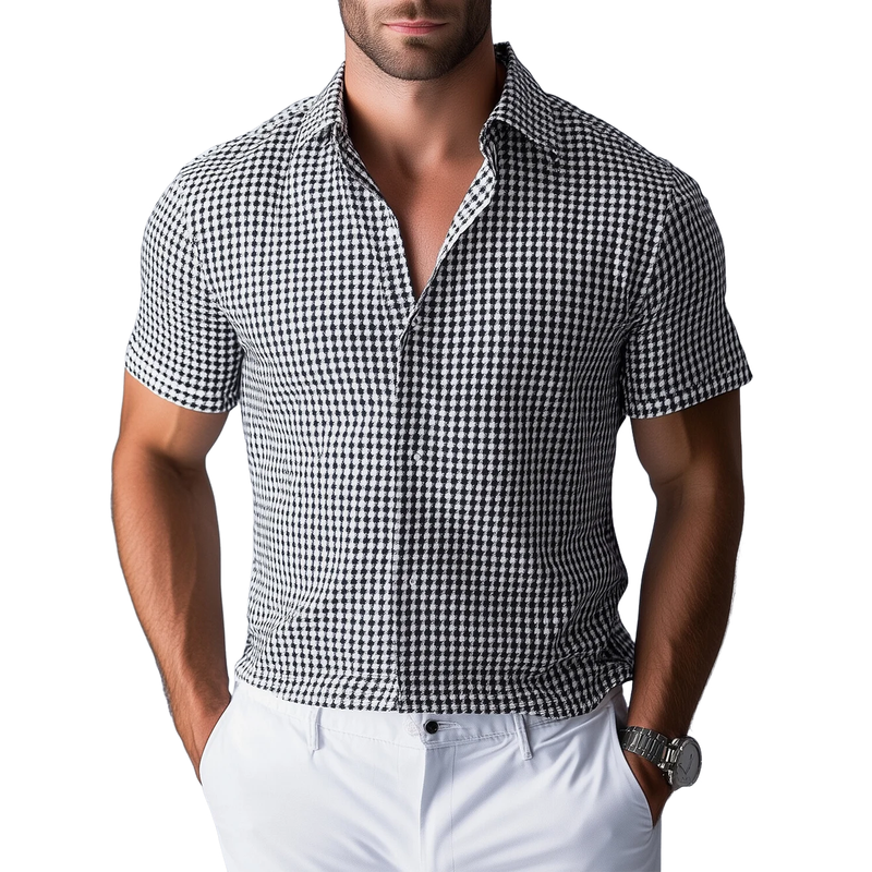 Men's Fashion Houndstooth Lapel Short Sleeve Shirt 9899721130168