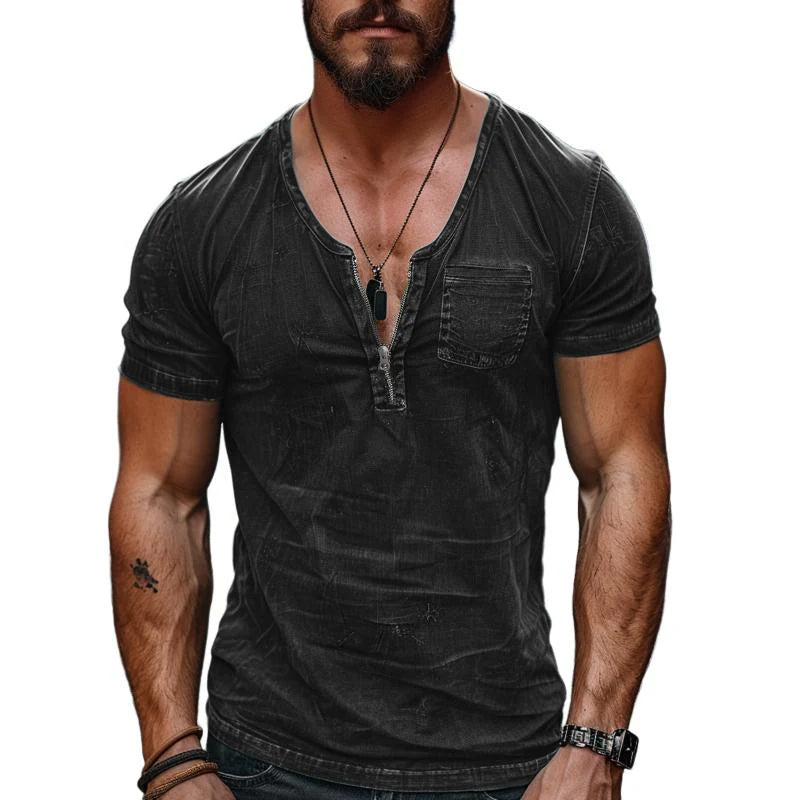 Men's Casual Cotton Washed Zippered Neck Patch Pocket Short Sleeve T-Shirt 9261138444472
