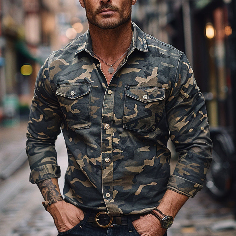 Men's Casual Camouflage Print Lapel Long Sleeve Shirt 9894194806968