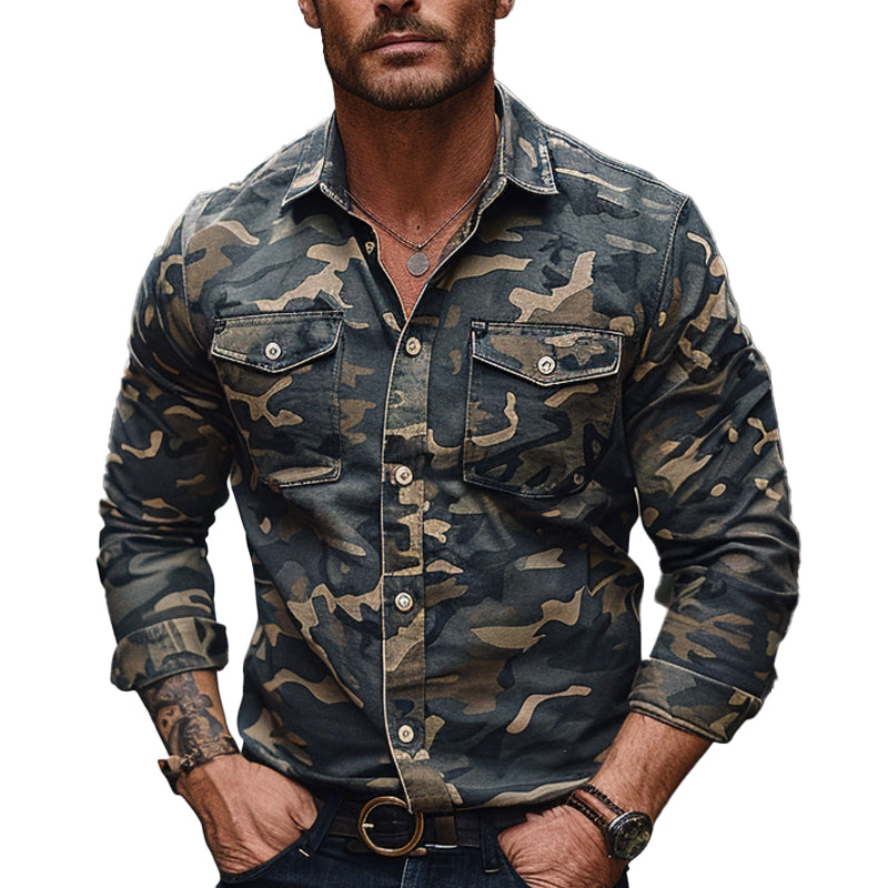 Men's Casual Camouflage Print Lapel Long Sleeve Shirt 9894194806968