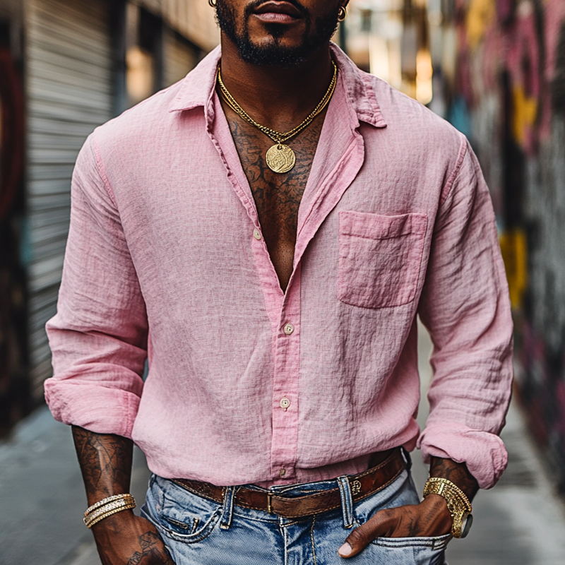Men's Solid Color Cotton And Linen Lapel Long Sleeve Casual Shirt 9903260434616