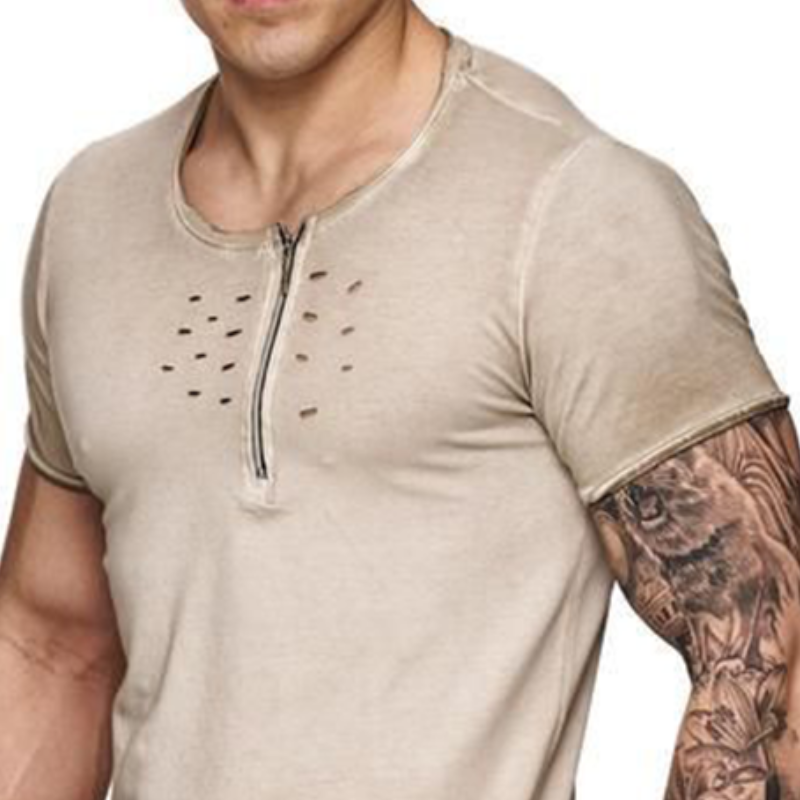 Men's Casual Round Neck Zipper Cotton Slim Short Sleeve T-Shirt 9893977424056