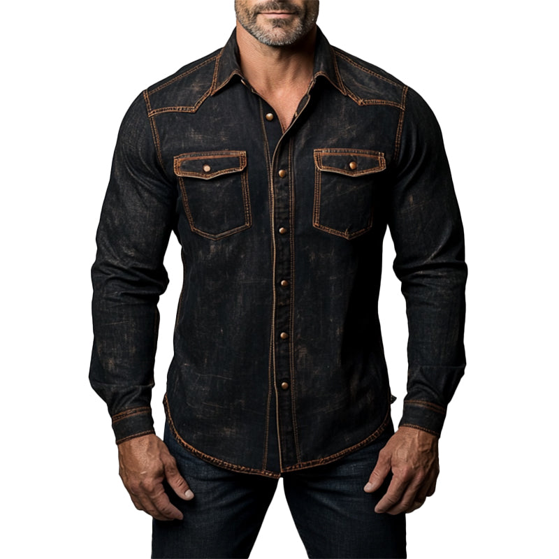 Men's Distressed Denim Turndown Collar Metal Button Long Sleeve Shirt 9903586902200