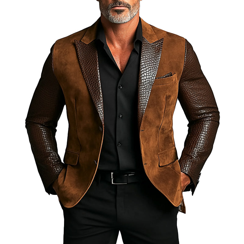 Men's PU Leather Crocodile Patchwork Peak Lapel Two Button Suede Blazer 9899608768696