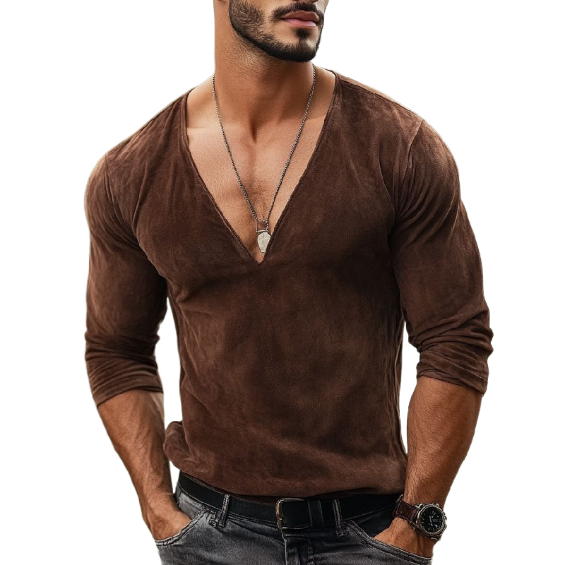 Men's Vintage Suede Deep V Neck Slim Fit Long Sleeve T-Shirt 9902009778360