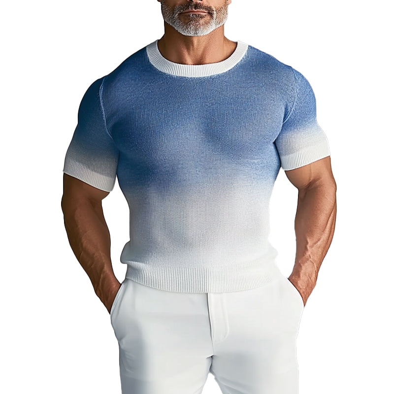 Men's Crew Neck Short Sleeve Gradient Knitted T-Shirt 9903586672824