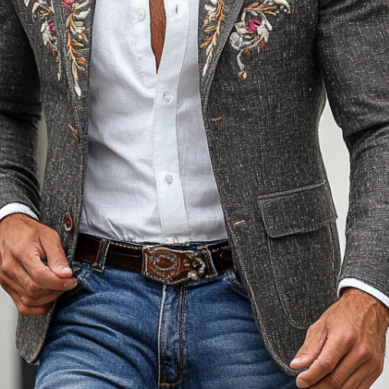 Men's Vintage Classic Slim Fit Rose Embroidered Linen Blazer 9892391911608
