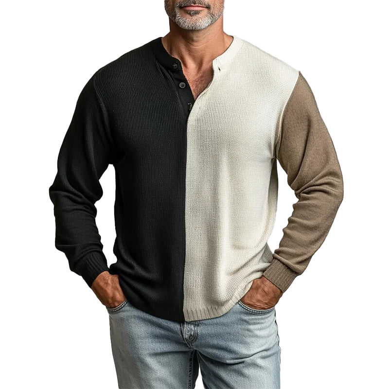 Men's Color Blocks Half Button Long Sleeve Knit Henley Shirt 9913235669176