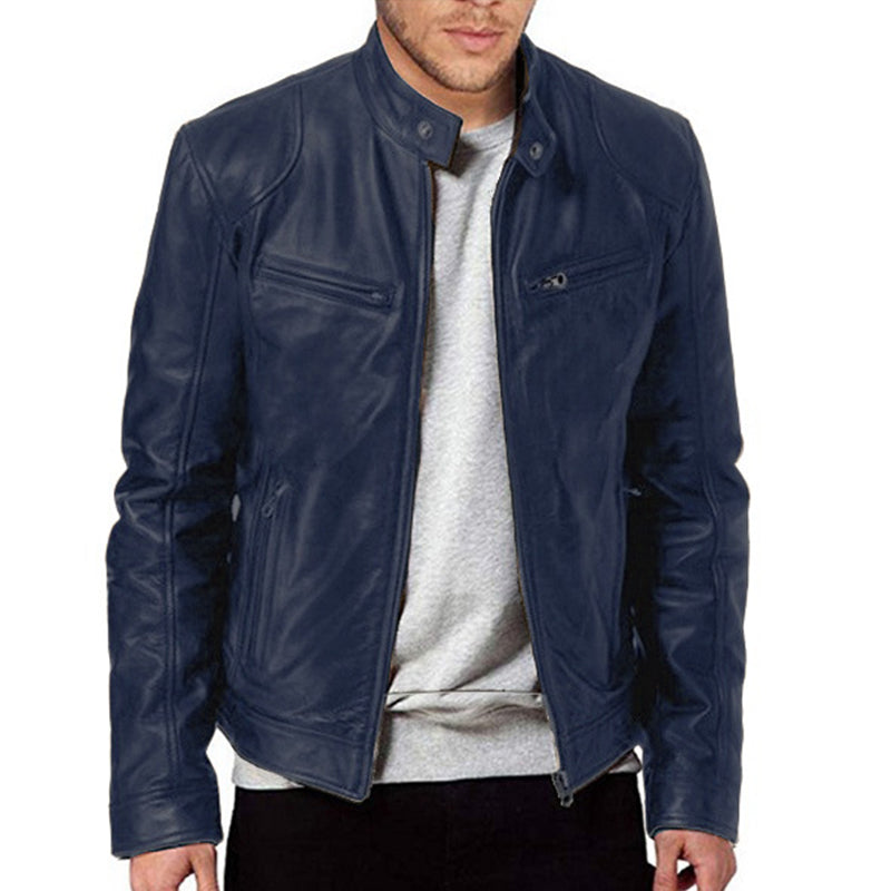 Men's Stand Collar Slim Fit Zip Pocket Leather Jacket 9261077856440