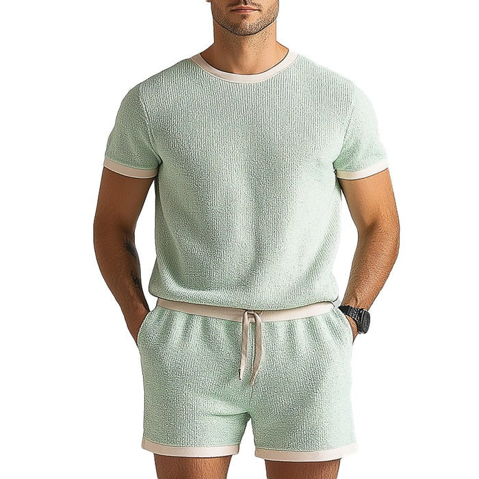 Men's Thin Woven Short Sleeve Top And Shorts Two-Piece Set 9956146610360