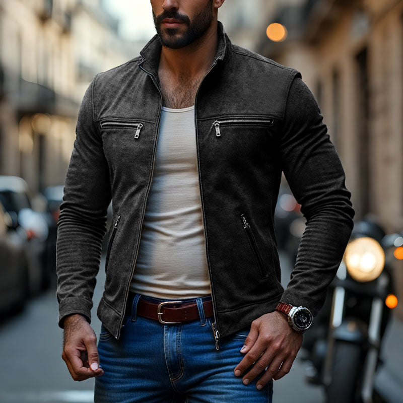Men's Classic Casual Slim Fit Zipper Multi-Pocket Stand Collar Suede Jacket 9261089063096